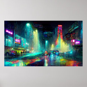 Futuristic City landscape with buildings, people Poster