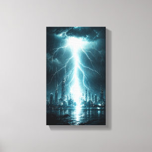 Futuristic City Lightning Strike Wall Art – Cyberp