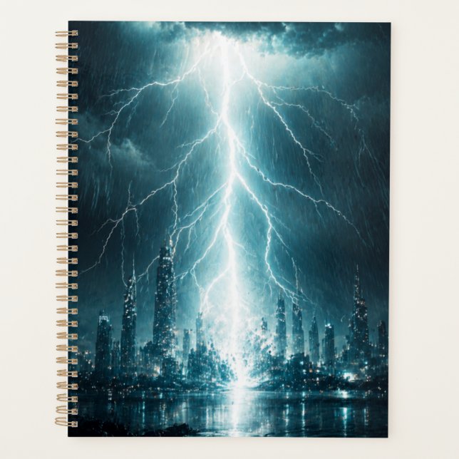 Futuristic City Lightning Strike Wall Art – Cyberp Planner (Front)