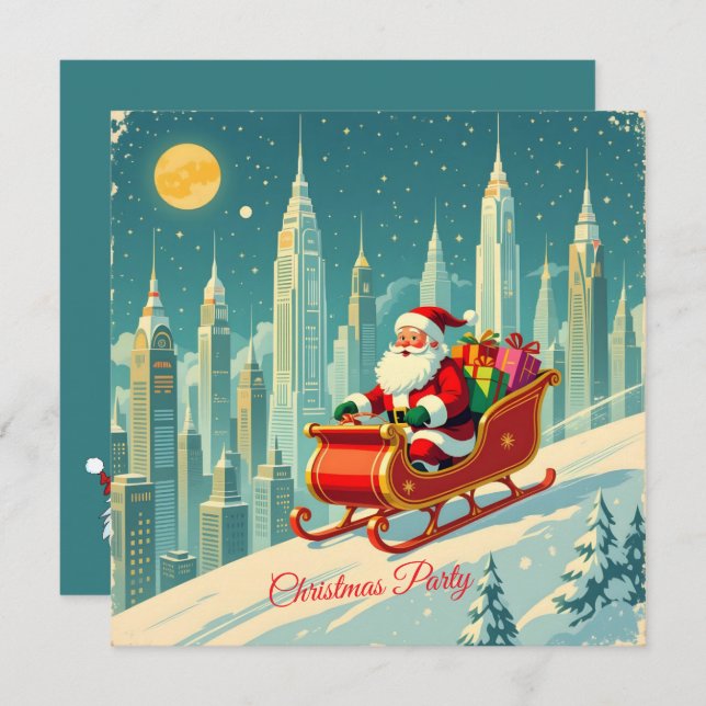 Futuristic City Santa Sleigh Christmas Party SQ Invitation (Front/Back)