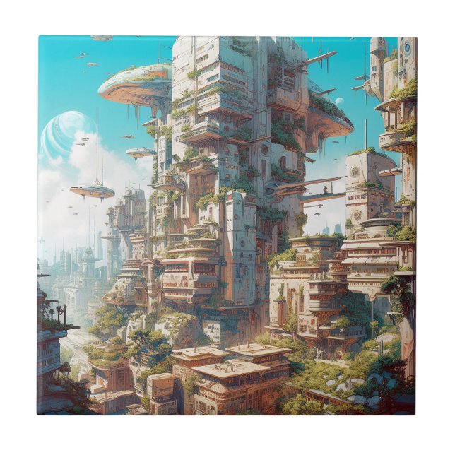 Futuristic City Science Fiction Art Tile (Front)