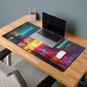 Futuristic City with Radiant Neon Portal Desk Mat