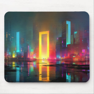 Futuristic City with Radiant Neon Portal Mouse Pad