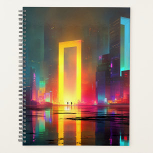 Futuristic City with Radiant Neon Portal Planner