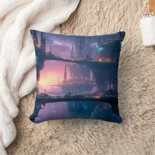 Futuristic Cityscape at Dusk Cushion