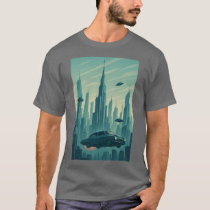 "Futuristic Cityscape with Flying Cars – Retro T-Shirt