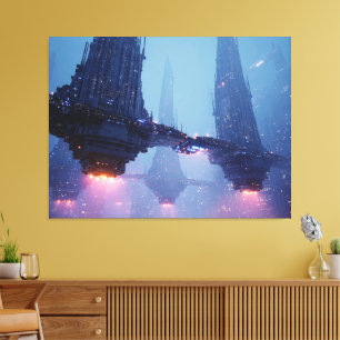 Futuristic Cityscape with Hovering Structures Canvas Print