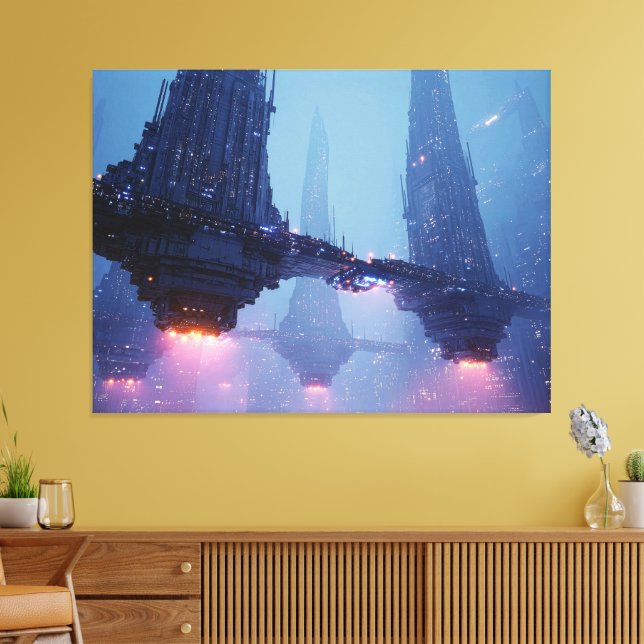 Futuristic Cityscape with Hovering Structures Canvas Print (Insitu(LivingRoom))