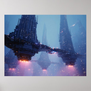 Futuristic Cityscape with Hovering Structures Poster