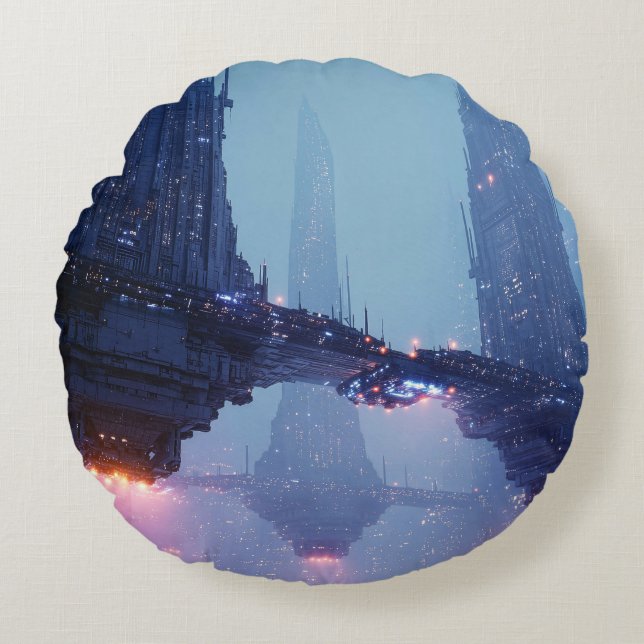 Futuristic Cityscape with Hovering Structures Round Cushion (Front)