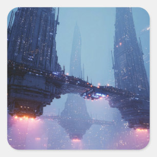 Futuristic Cityscape with Hovering Structures Square Sticker