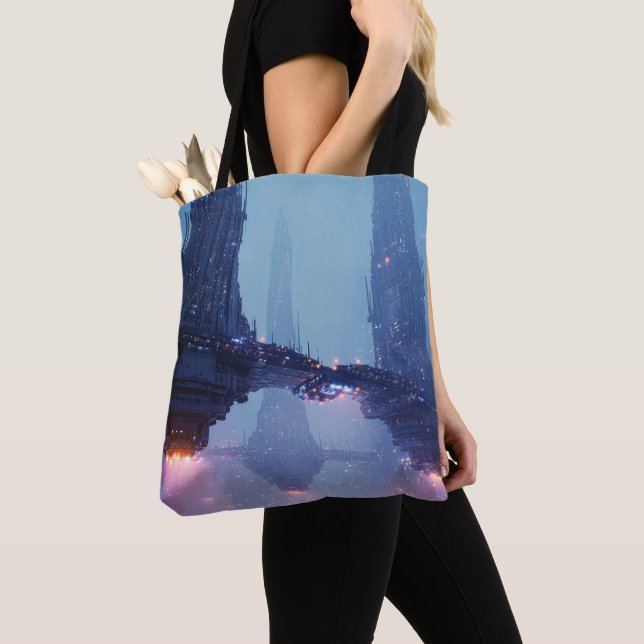 Futuristic Cityscape with Hovering Structures Tote Bag (Close Up)