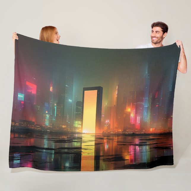 Futuristic Cityscape with Neon Reflections Fleece Blanket (In Situ)