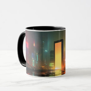 Futuristic Cityscape with Neon Reflections Mug