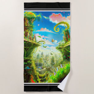 Futuristic Colourful Plant City, AI Generated Art Beach Towel