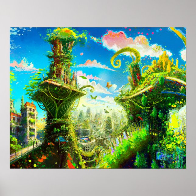 Futuristic Colourful Plant City, AI Generated Art Poster (Front)