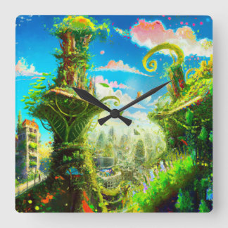 Futuristic Colourful Plant City, AI Generated Art Square Wall Clock