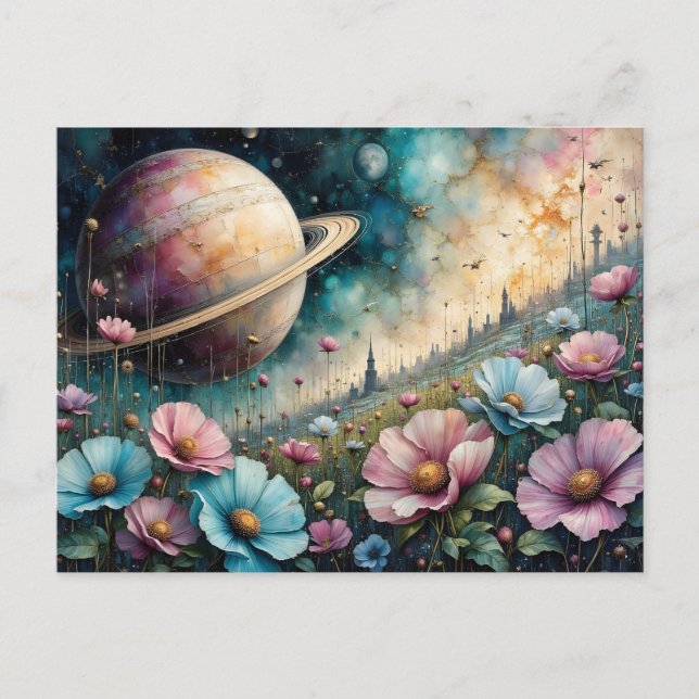 Futuristic Cosmos Flower and Space Postcard (Front)