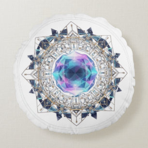 Futuristic Crystal Mandala – Geometric Tech Art Round Cushion