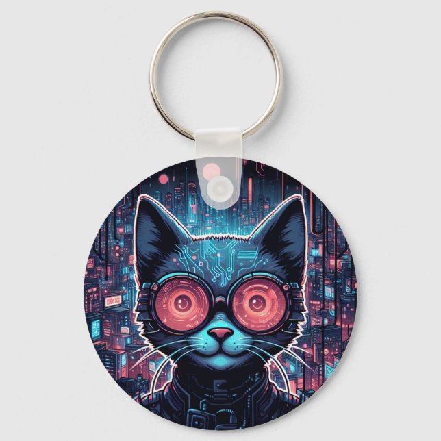 Futuristic Cyber Cat Key Ring (Front)