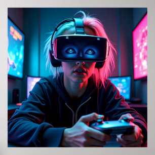 Futuristic Cyber Gamer with AR Visor AI Poster