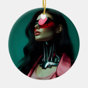 futuristic cybernetic woman ceramic tree decoration