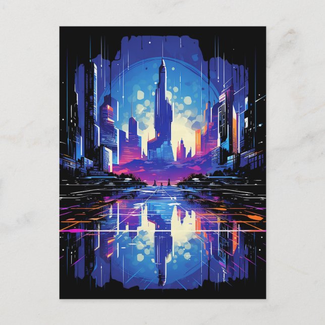 Futuristic Cyberpunk City Skyline Announcement Postcard (Front)