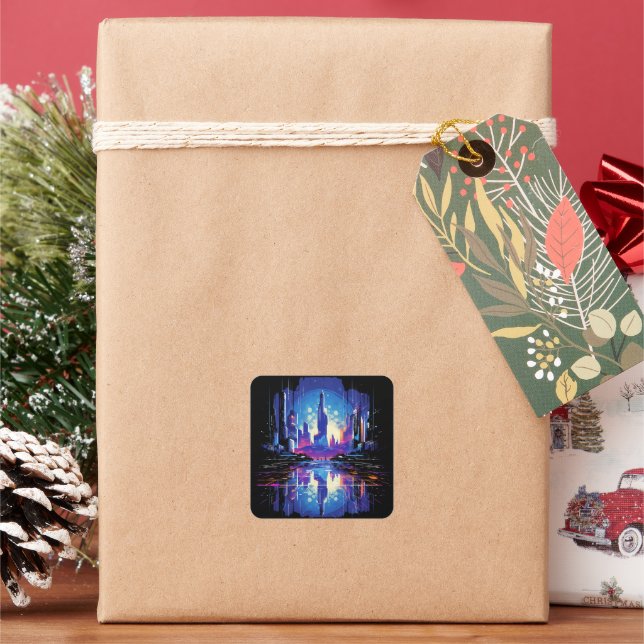 Futuristic Cyberpunk City Skyline Square Sticker (Holiday)
