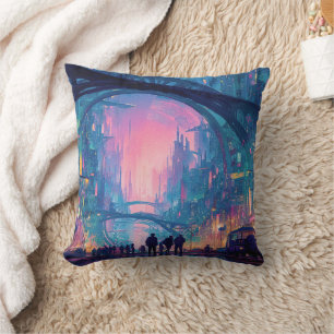 Futuristic Cyberpunk Cityscape with Glowing Arches Cushion