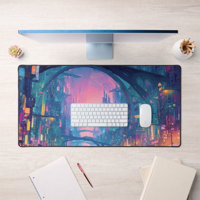Futuristic Cyberpunk Cityscape with Glowing Arches Desk Mat (Office 1)