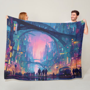 Futuristic Cyberpunk Cityscape with Glowing Arches Fleece Blanket