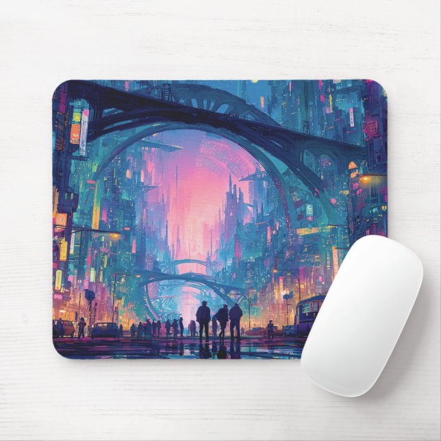 Futuristic Cyberpunk Cityscape with Glowing Arches Mouse Pad (With Mouse)
