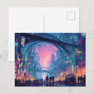 Futuristic Cyberpunk Cityscape with Glowing Arches Postcard