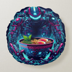 Futuristic Cyberpunk Robot Neon Food Ramen Round Cushion