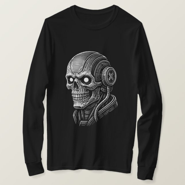 Futuristic Cyberpunk Skull in Tech Style T-Shirt (Design Front)