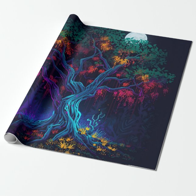 Futuristic Digital Glow Tree Wrapping Paper (Unrolled)