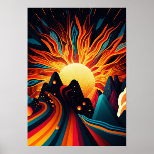 Futuristic Earth and Sun Line Art Retro 3 Poster