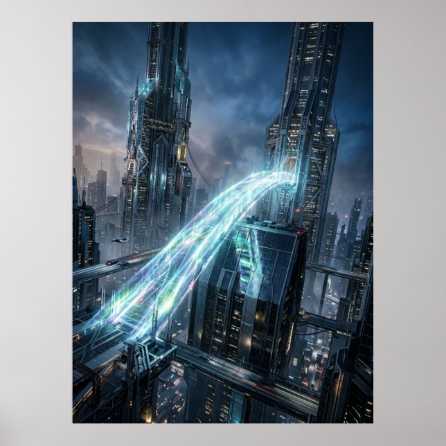 Futuristic Energy Bridge City Art Poster (Front)
