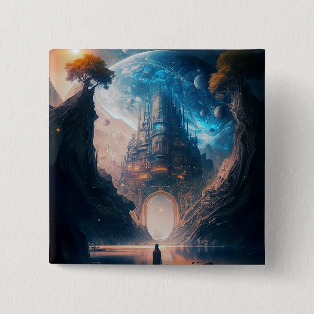 Futuristic Fantasy Castle Landscape Button (Front)