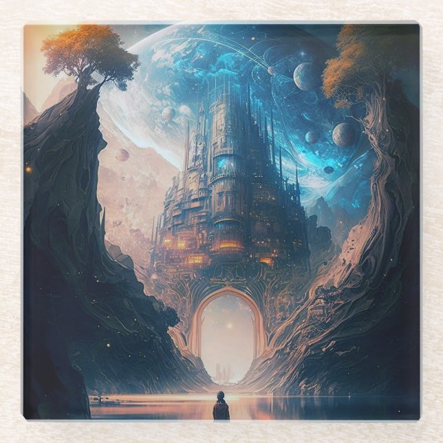 Futuristic Fantasy Castle Landscape Glass Coaster (Front)