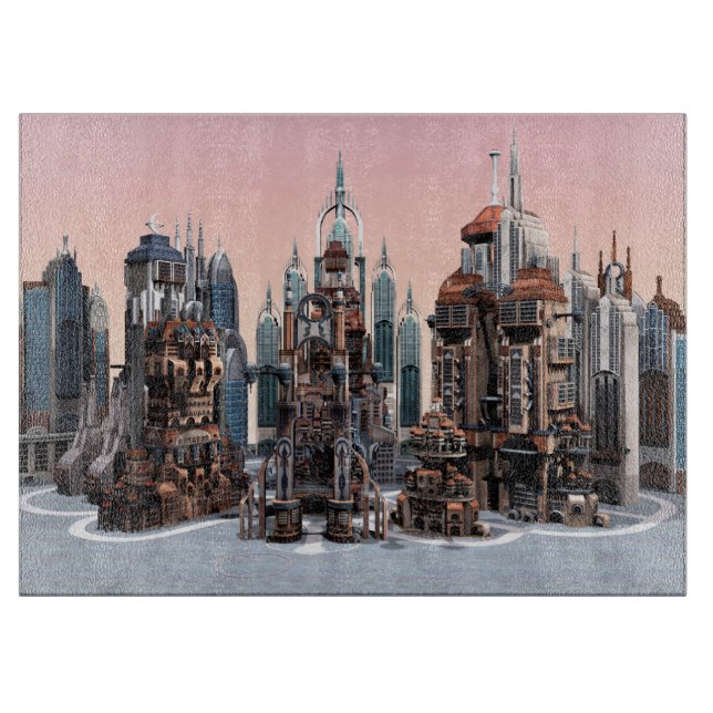 Futuristic Fantasy City Sci Fi Skyline Art Cutting Board (Front)