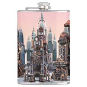 Futuristic Fantasy City Sci Fi Skyline Art Hip Flask