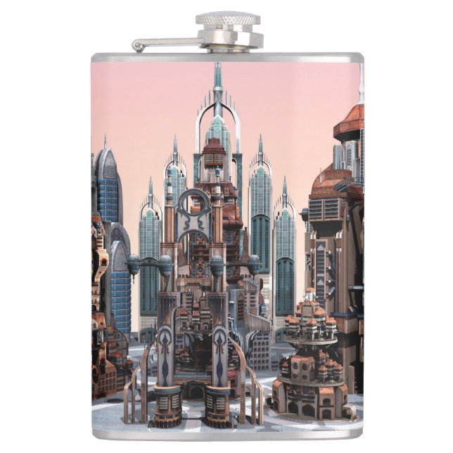 Futuristic Fantasy City Sci Fi Skyline Art Hip Flask (Front)