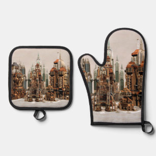 Futuristic Fantasy City Sci Fi Skyline Art Oven Mitt & Pot Holder Set