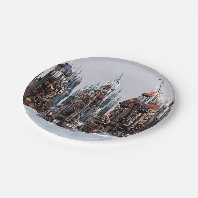 Futuristic Fantasy City Sci Fi Skyline Art Paper Plate (Angled)
