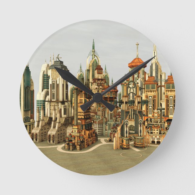 Futuristic Fantasy City Sci Fi Skyline Art Round Clock (Front)