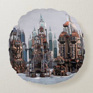 Futuristic Fantasy City Sci Fi Skyline Art Round Cushion