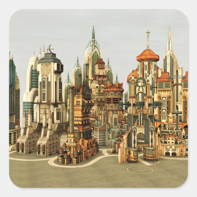 Futuristic Fantasy City Sci Fi Skyline Art Square Sticker (Front)