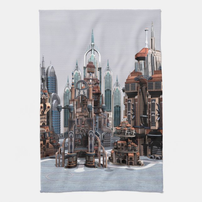 Futuristic Fantasy City Sci Fi Skyline Art Tea Towel (Vertical)