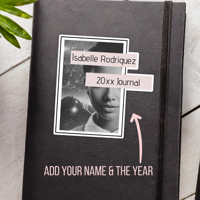 Futuristic Femme Personalised Journal Bookplate (Futuristic Femme personalized journal bookplate sticker in pink and black.)